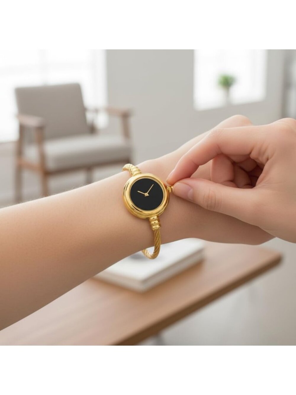 Women's Plain Black/Gold Round Analog Display Arabic Numbers Wire Bracelet Watch - Picture 5 of 6